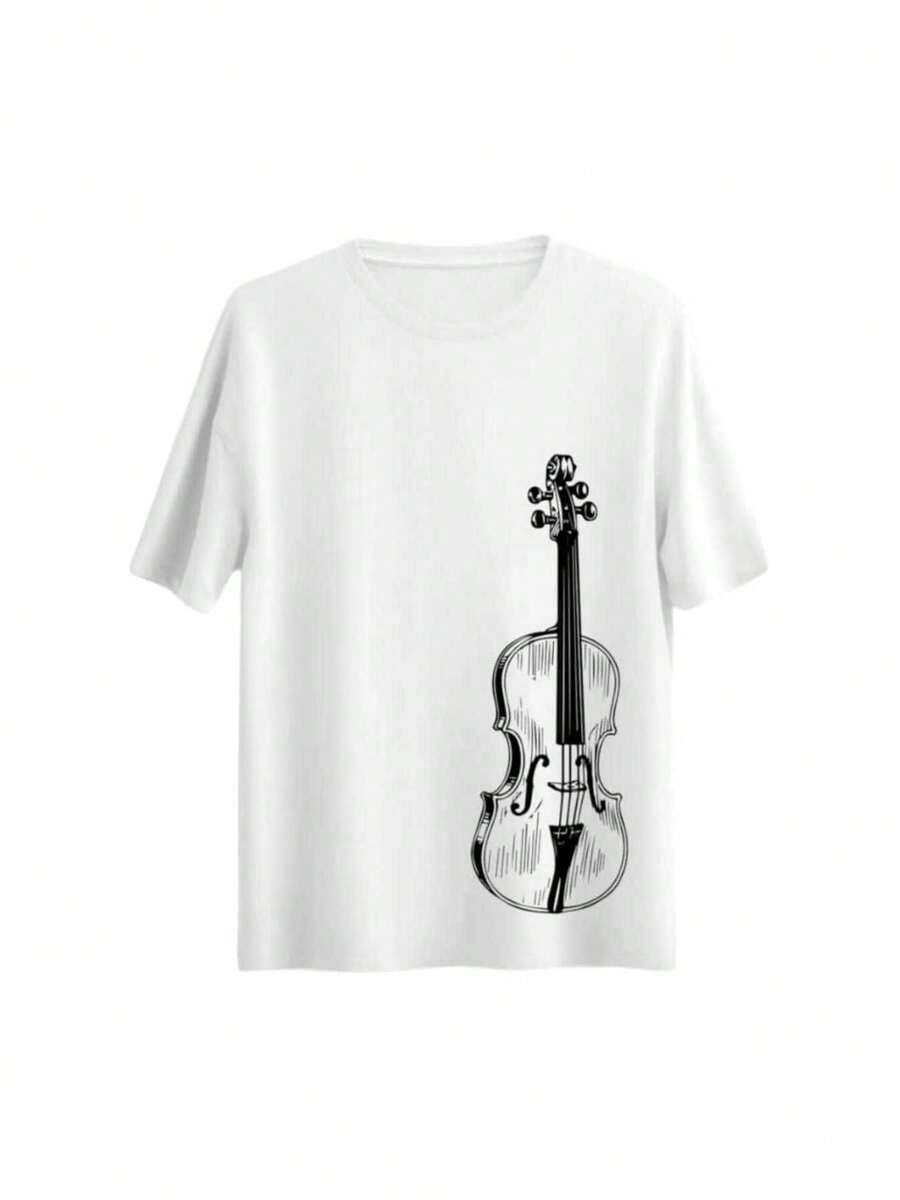 Unisex T-Shirt For Men And Women With Violin Print, Loose And Comfortable Fit. - White - View 1