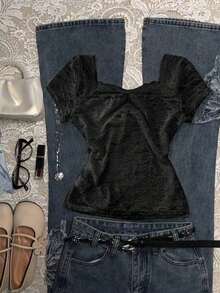 Blusa de encaje de unicolor elegante para mujer, de verano - Negro - Ver 2