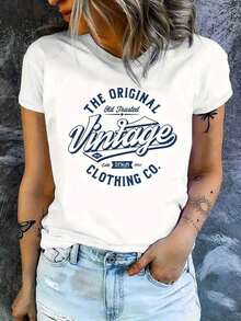 Camiseta Estampada de Moda para Mujer, Estilo Casual de Primavera y Verano, Manga Corta, Cuello Redondo - Blanco - Ver 6
