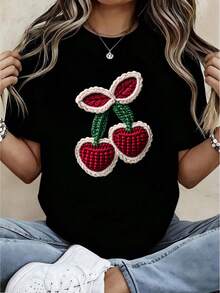 Women's Short-Sleeved T-Shirt, Round Neck, New Spring-Summer 2026 Style, White, Black, Red, Casual, Cherry Print For Valentine's Day, Fun Regular Fit Top For Women.|Breathable Fabric - 黑色 - 查看 6