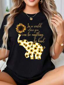Camiseta de manga corta con cuello redondo y estampado de elefante de PremiumSunflower, con el mensaje inspirador "En un mundo donde puedes ser cualquier cosa, sé amable", ropa casual e idea - Negro - Ver 8