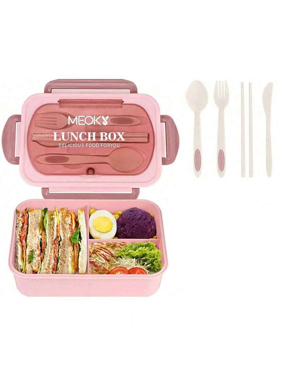 Adult Bento Box Set, Unisex, 3-Compartment Design, Includes Utensils, Sauce Containers, Cupcake Liners, Microwave & Dishwasher , Brown (Knife, Fork, Spoon, Chopsticks Included), Kitchen Supplies, Christmas Gift