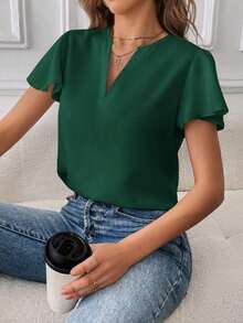 Camisa de mujer de unicolor con escote en V entallado y manga corta, informal y adecuada para el trabajo, blusas de manga corta - Verde Oscuro - Ver 3