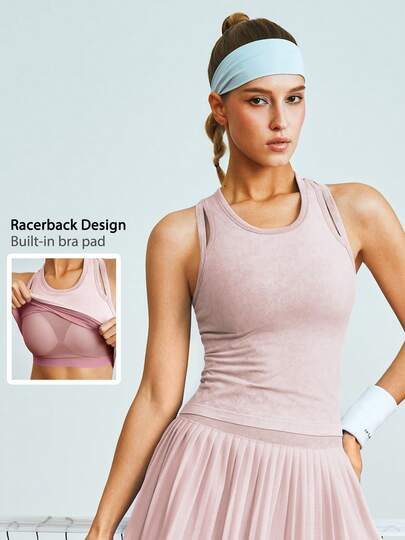 Leorrey 1 chiếc áo vest thể thao nữ 2 trong 1 cổ tròn không tay khoét lưng, thích hợp cho khiêu vũ, yoga, pilates, chạy bộ, thể dục, tennis, golf.