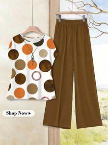 Set de 2 piezas de top de cuello redondo holgado y pantalones de pierna ancha para mujer, conjunto versátil casual para primavera/otoño, conjunto de pantalones y top casual para vacaciones - Multicolor 6 - Ver 5