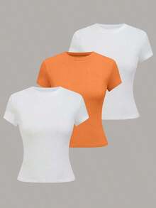 Camiseta casual de mujer de manga corta de unicolor, versátil - Multicolor 8 - Ver 8