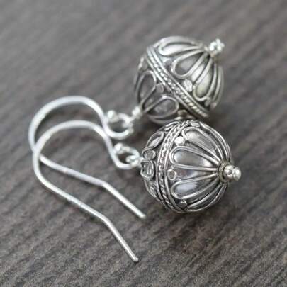 Women's Vintage Palace Style Hollow Handmade Carved Bead Earrings, Bohemian Earrings
