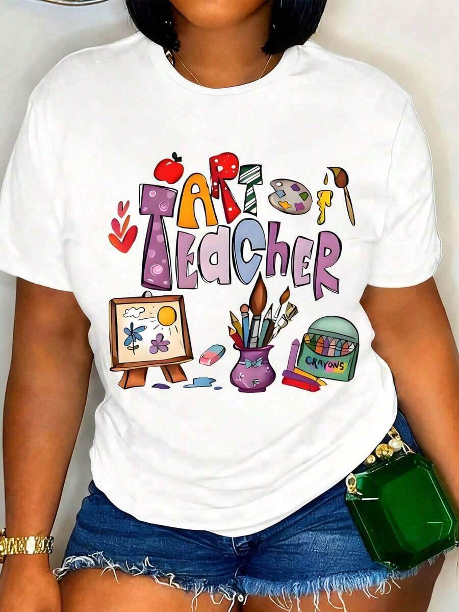 Camiseta para Maestras de Arte 2026 para Mujer - Diseño Creativo de Artes y Manualidades con Pinceles, Paleta, Caballete y Materiales Escolares - Regalo Perfecto para Educadoras y Maestras de Arte - Blanco - Ver 1