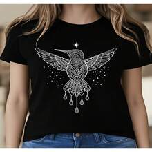 Women's Stylish Black Cotton Round Neck T-Shirt with White Hummingbird Print, Regular Short Sleeve Casual Top, High Stretch Fabric for Everyday Fashion - Negro - Ver 1