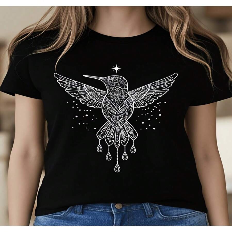 Women's Stylish Black Cotton Round Neck T-Shirt with White Hummingbird Print, Regular Short Sleeve Casual Top, High Stretch Fabric for Everyday Fashion - Negro - Ver 1