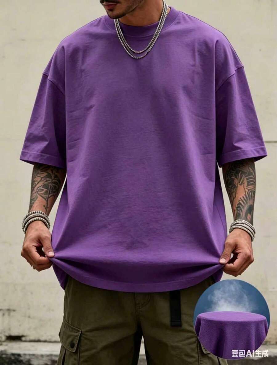 Oversized Boxy Cut Short Sleeve Jersey T Shirt Casual Crop Fit Streetwear Modern Minimalist All Season Essential Top-Comfortable Retro Cotton T-Shirt- - 紫色1 - 查看 1