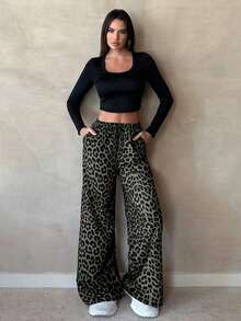 Tall Pantalones rectos y anchos de estilo casual con estampado de leopardo - Verde militar - Ver 4