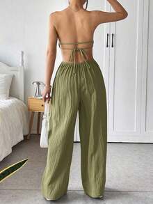 Mono de pierna ancha informal de mujer de talla grande, de algodón, con tirantes finos y espalda descubierta, para verano - Verde militar - Ver 2