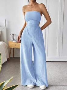 Mono de pierna ancha informal de mujer de talla grande, de algodón, con tirantes finos y espalda descubierta, para verano - Celeste - Ver 7