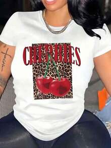 Camiseta de Mujer con Cuello Redondo, Estampado de Leopardo y Cerezas, Camiseta Gráfica Casual de Verano, g - Blanco - Ver 1