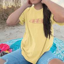 Letter Print T-Shirts For Women, Oversized Graphic Tees For Women And Teens, Y2k Short Sleeve Floral Print Graphic Tees, Aesthetic Summer T-Shirts, Cute And Preppy Women's Clothing For Vacation, Days Off, Everyday Casual Fashion And Versatility. - 黃色夏季上衣 - 查看 4