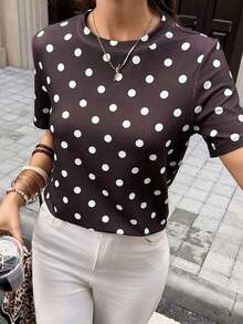 Frenchy Camiseta de mujer de manga corta, cuello redondo, ajustada y minimalista, adecuada para primavera/verano, con estampado de rayas rosa y marrón - Marrón 4 - Ver 4