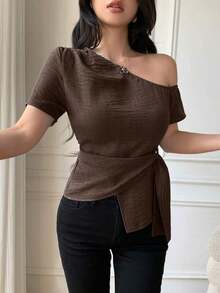 Blusa casual elegante de hombros con nudo, de corte slim para mujeres - Marrón - Ver 6