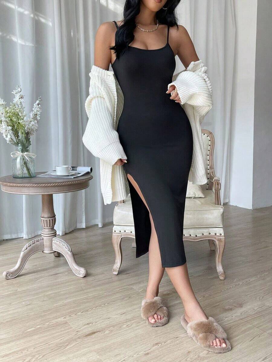Vestido de espalda abierta de muslo con abertura - Negro - Ver 1