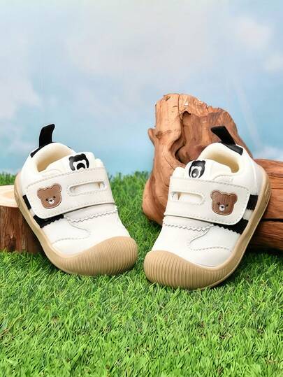1 Pair Unisex Baby Mesh PU Cartoon Embroidery Breathable Design Flat Non-Slip Casual Sports Shoes, Suitable For All Seasons