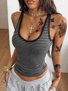 Camiseta de punto de verano con cuello en V gris, cómoda y elegante, con encaje de contraste, para salir y vacaciones - Negro 2 - Ver 4