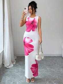 Vestido largo de mujer de vestido de escote con estampado de teñido anudado, vestido de verano largo, vestido largo verde maxi para outfit de mujer - Blanco - Ver 3