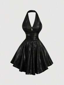 Vestido de fiesta elegante de mujer con estampado de cerezas, escote halter, espalda descubierta y cintura fruncida - Negro - Ver 4