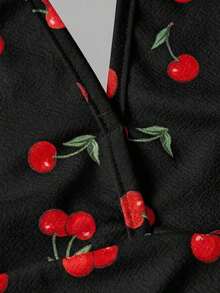 Vestido de fiesta elegante de mujer con estampado de cerezas, escote halter, espalda descubierta y cintura fruncida - Rojo y negro - Ver 3