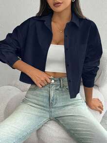 Camisa casual de manga larga con bolsillo, de ajuste suelto y hombros caídos, de unicolor, para primavera/verano, Top de manga larga - azul real - Ver 4