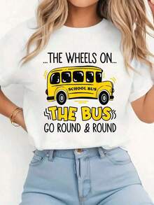 Camiseta con estampado "Las ruedas del autobús" para niños pequeños, regreso a clases, camiseta casual de cuello redondo, manga corta, cómoda, para primavera y verano, ropa de mujer. - Blanco - Ver 6