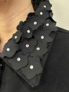 pthirillo Women's Black Denim Jacket Maxi Oversized Denim Black Cotton Long Sleeve Premium Street Style Retro Casual Loose Fit With Pockets Cowboy Style Show Pearls | Basic - 花卉領 - 查看 6