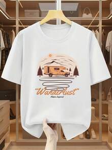 Camiseta de manga corta para hombre de talla grande, 100% algodón, estilo outdoor, con estampado gráfico de RV y diseño inspirado en la naturaleza con la frase "Wanderlust", cómoda y casual para el verano, TALLA GRANDE. - Blanco - Ver 6