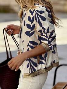 Chaqueta de béisbol estampada, con bolsillos, casual y cómoda para vacaciones, con parches de lámina, ligera tipo bomber, para mujer, talla grande vendida en primavera/verano - Azul marino - Ver 3