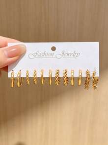 12/48pcs Gold Earring Set, Twisted Earrings, Faux Pearl Decor, Fashion Layered Earring Set, Casual Wear, Perfect Memorial Gift - Gold - View 8