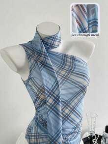 Blusa de mujer casual de vacaciones de gasa con cuello halter, tirantes con lazo y hombro asimétrico sin mangas en estampado de cuadros azules - Azul - Ver 1