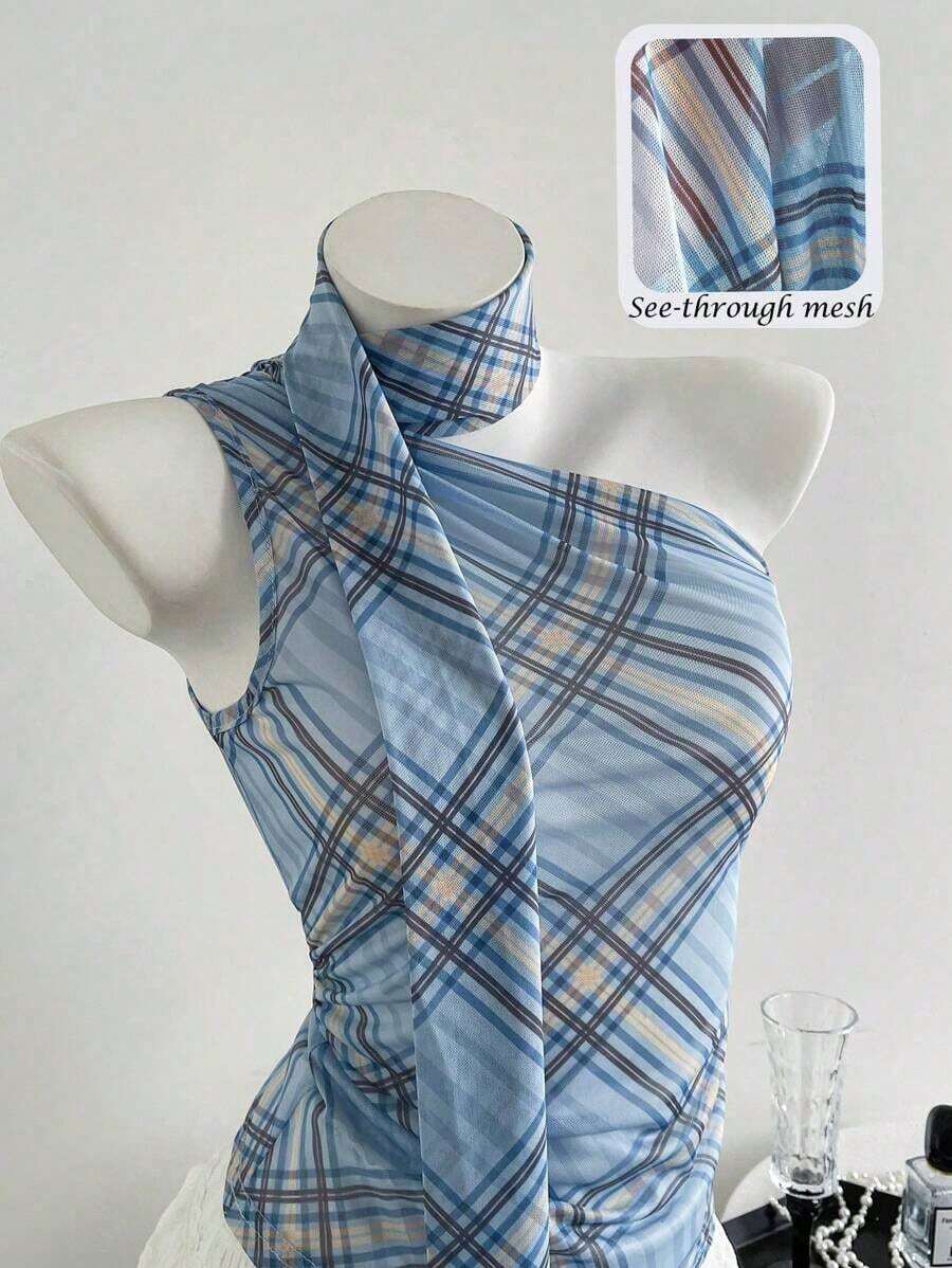Blusa de mujer casual de vacaciones de gasa con cuello halter, tirantes con lazo y hombro asimétrico sin mangas en estampado de cuadros azules - Azul - Ver 1