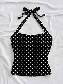 Parte superior corta ajustada con cuello de halter casual para vacaciones de mujer, verano de mujer, sin espalda, ropa de vacaciones de mujer, lunares, primavera de mujer, verano, parte superior para salir de mujer, vacaciones de mujer - Negro - Ver 6