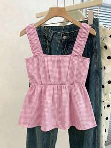 2026 Nueva llegada Blusa de tirantes de cuadros rojos para mujer, blusa sin mangas con volantes y dobladillo de peplum fruncido, top de verano fluido con volantes y ajuste ceñido para uso diario, vacaciones y streetwear - Rosa - Ver 2