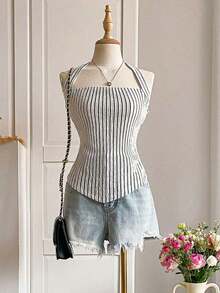 Top halter de mujer de rayas del estilo Y2K para el verano - Blanco y Negro 2 - Ver 4
