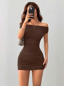 Vestido mini con hombros descubiertos y volantes, sexy - Marrón - Ver 4