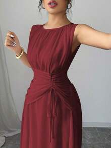 Vestido maxi casual, romántico, vintage y elegante de gasa para mujer con cordón en la cintura, para la playa, el té de la tarde, fiestas de noche, uso diario, sin mangas, de unicolor, vestido largo, primavera/verano - Burdeos - Ver 3