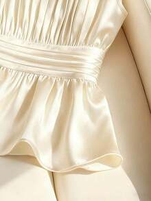 Blusa ajustada sin mangas con cuello y detalles de perlas falsas para mujer - Albaricoque - Ver 5