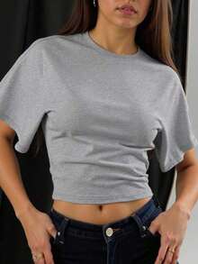 Camiseta blanca casual de mujer de cuello redondo y manga corta, holgada - Gris Claro - Ver 2