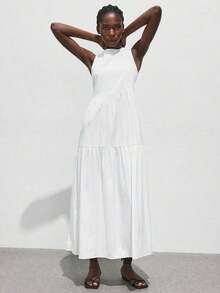 Vestido casual de vacaciones con diseño de volantes escalonados en verde jade, vestido cómodo con cuello redondo, división horizontal, parches y fruncidos, atuendo bohemio de playa, elegante vestido de estilo occidental para vacaciones de muje - Blanco - Ver 7