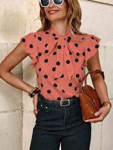 Blusa con lazo elegante para mujer, versátil para el trabajo y el uso casual, verano - Naranja Coral - Ver 6