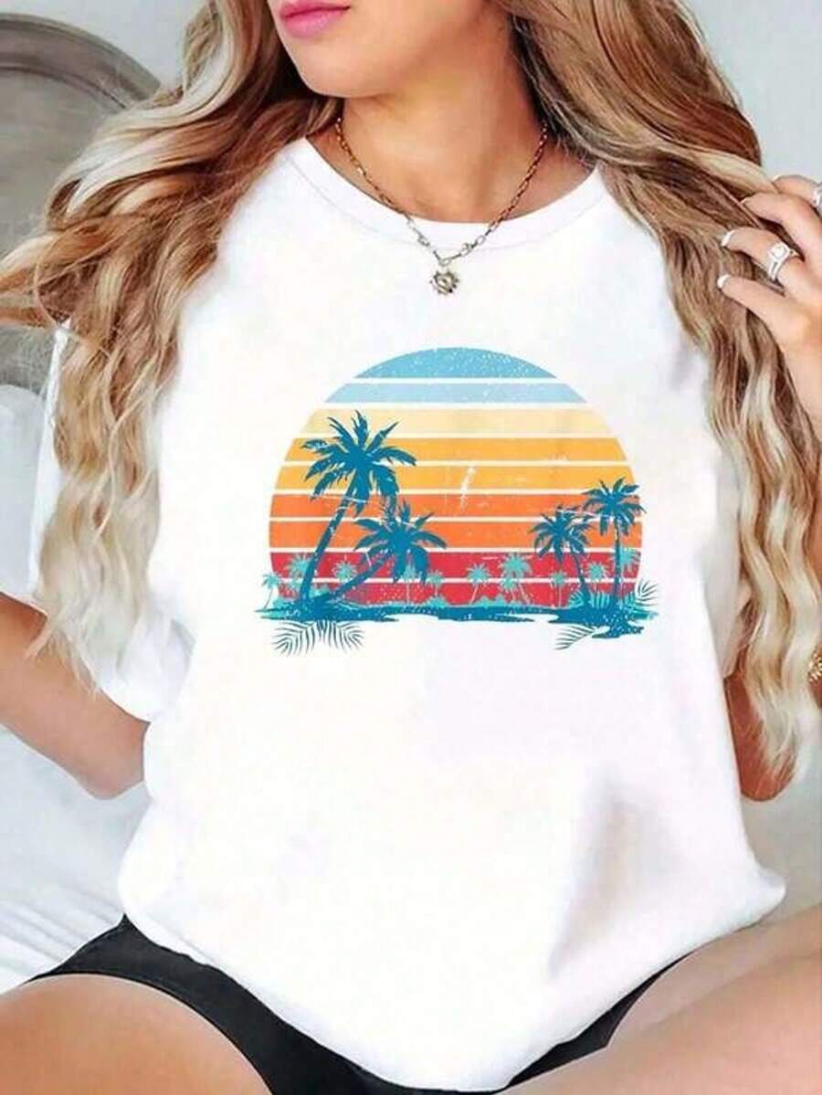 Women's Short-Sleeved Crew Neck T-Shirt With Retro Palm Tree And Sunset Print, Summer Vibes, 100% Cotton, Casual, Summer, Graphic Tops - 白色 - 查看 1