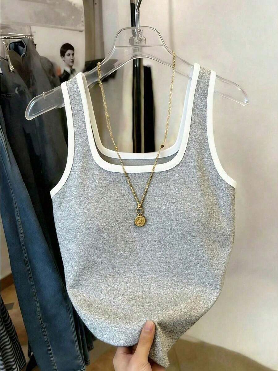 Mejor vendido top de mujer ajustado de cuello redondo con contraste de color - Gris Claro - Ver 1