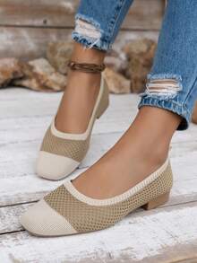 Color Block Square Toe Low Heel Slip-On Shoes, Breathable Knit Granny Shoes, Comfortable Soft Sole Loafers For Women - Khaki - View 2
