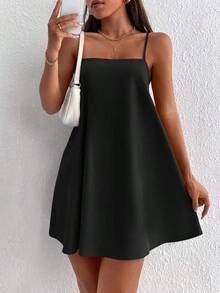 Vestido informal suelto de un solo color para mujer - Negro - Ver 1