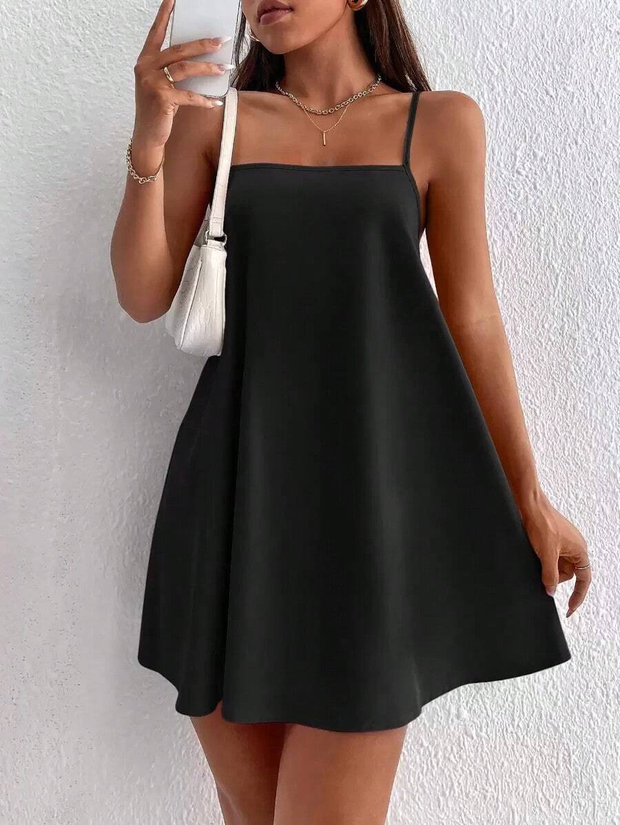 Vestido informal suelto de un solo color para mujer - Negro - Ver 1